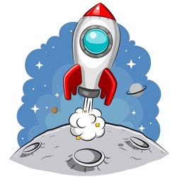 Cartoon rocket takes off from the planet, vector illustration
