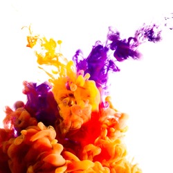 paint stream in water, colored ink cloud, abstract background,process of mixing orange and purple paint on white isolated background