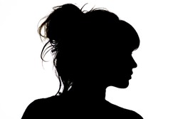 silhouette portrait of beautiful profile of woman face with hairstyle on white isolated background with wavy gathered hair, concept beauty and fashion
