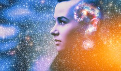 Double multiply exposure abstract portrait of young woman face with galaxy universe space inside head. Human mind spirit, ai brain, astronomy, ask question answer concept Elements image furnished NASA