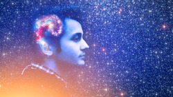 Human spirit, astronomy, life zen inner peace concept. Double multiply exposure abstract portrait of a dreamy young man face, galaxy universe space inside head Elements of this image furnished by NASA