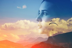 Abstract double multiply exposure head portrait of a hipster woman head face silhouette portrait outdoors on nature Parachute skydive psychology mindset power of mind, intuition mental therapy concept
