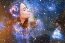Double exposure portrait of a young woman close eye face with galaxy space inside head. Human inner peace, star light fire, life zen girl love, rpa ai concept. Elements of this image furnished by NASA