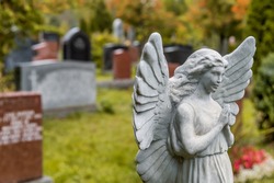 Angel statue praying in front of several headstones on a graveyard in Fall, in a cemetery.