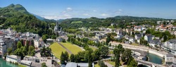 Panoramic view of the city Lourdes - the Sanctuary of Our Lady of Lourdes, the Hautes-Pyrenees department in the Occitanie region in south-western France