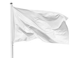 White flag waving in the wind on flagpole, isolated on white background, closeup