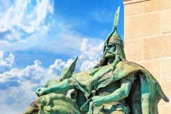 View closeup of the statue Arpad at the bottom of the column of the Millennium Monument at the Heroes' Square in Budapest, Hungary