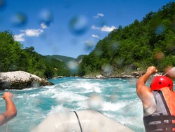 rafting boat on the fast mountain river in Montenegro