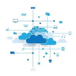 Cloud Computing, Networks Design Concept with Icons Representing Various Kinds of Digital Devices or IoT Services