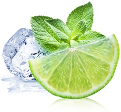 Lime, mint and ice cube on a white background.
