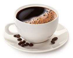 Coffee cup and coffee beans on a white background. File contains clipping path.