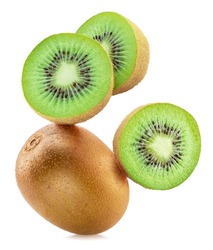 Kiwi fruits and kiwi slices flying in air isolated on white background.