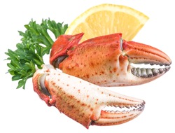 Cooked crab claws with lemon and herbs on a white background.