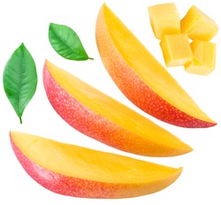 Mango fruit slices, cubes and leaves over white. File contains clipping paths.