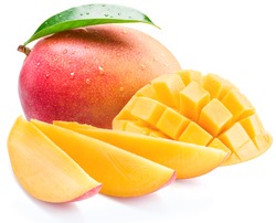 Mango fruit with mango cubes and slices. Isolated on a white background.