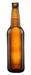 Beer bottle with drops on white background. File contains clipping path.