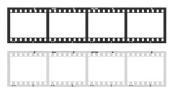Film strip template with frames, empty developed black and white 135 type (35mm) in negative and positive isolated on white background with work path.