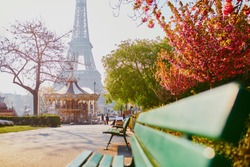 Scenic view of the Eiffel tower with cherry blossom trees in Paris, France on a spring day