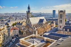 Scenic Parisian cityscape. Aerial view of Saint-Etienne-du-Mont church in Paris, France