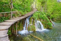 Cascades near the tourist path in Plitvice lakes national park 