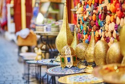 Selection of traditional lamps on Moroccan market (souk) in Fes, Morocco