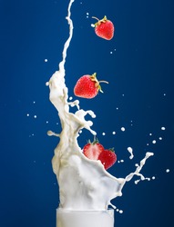 Splash of milk, caused by falling into a ripe strawberry. Isolated on a blue background.