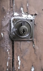 Detail of old damaged and abandoned wooden door, rust
