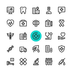 Healthcare, medicine, medical line icons set. Modern graphic design concepts, simple outline elements collection. 32x32 px. Pixel perfect. Vector line icons