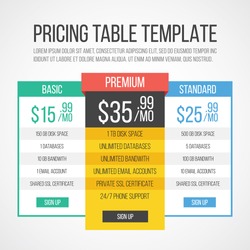Pricing table template. Creative graphic design. Vector illustration.