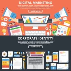 Digital marketing, corporate identity flat illustration concepts set. Top view. Modern flat design concepts for web banners, web sites, printed materials, infographics. Creative vector illustration