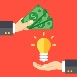 Hand holds money, hand holds light bulb. Buy idea, investing in innovation, modern technology business concept. Modern flat design graphics for web sites, web banners, infographics. Vector illustration