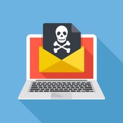 Laptop and envelope with black document and skull icon. Virus, malware, email fraud, e-mail spam, phishing scam, hacker attack concept. Trendy flat design graphic with long shadow. Vector illustration