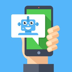 Intelligent personal assistant, virtual assistant, chat bot, chatbot concept. Hand holding smartphone with speech bubble and robot. Modern long shadow flat design graphic elements. Vector illustration