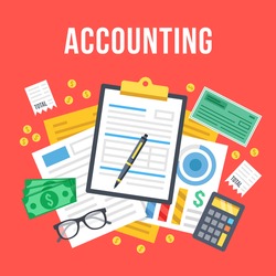 Accounting, bookkeeping, check financial statements, corporate paperwork concept. Top view. Modern flat design graphic for websites, web banners, etc. Red background. Creative vector illustration