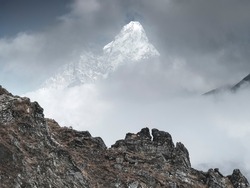 vintage style of mountain landscape in Nepal with snow peak Ama-Dablam