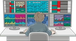 Trader watching computer monitors with graphs and rates at his workplace at a stock or currency exchange, vector cartoon illustration on a white background