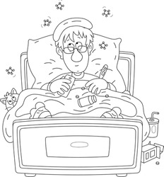 Sad sick man having flu, measuring temperature with a thermometer, taking different pills and lying in his bed in quarantine, black and white outline vector cartoon illustration