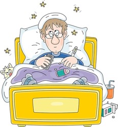 Sad sick man having flu, measuring temperature with a thermometer, taking different pills and lying in his bed in quarantine, vector cartoon illustration on a white background
