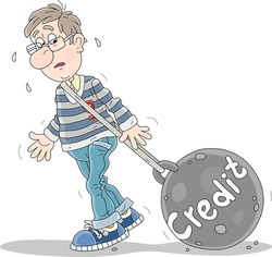 Tired and sad young man in debt pulling a heavy bank credit, a borrower repaying monthly interest on his loan, vector cartoon illustration isolated on a white background