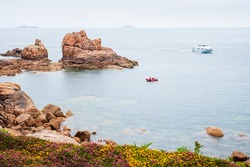 Beautiful view of Pink Granite Coast between Perros-Guirec and Ploumanach. Cliffs, blooming wild flowers, cruise ship and boat, islands. Cotes-d'Armor, Brittany, France.