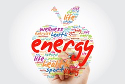 ENERGY apple word cloud with marker, health concept background