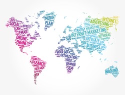 Internet marketing word cloud in shape of world map, business concept background