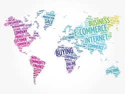 E-COMMERCE word cloud in shape of world map, business concept background