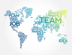 TEAM word cloud in shape of world map, business concept background