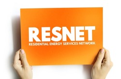 RESNET - Residential Energy Services Network acronym on card, abbreviation concept background