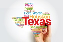 List of cities in Texas USA state word cloud map with marker, concept background