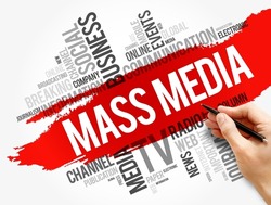 Mass media word cloud collage, social business concept background