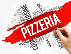 Pizzeria word cloud collage, food concept background