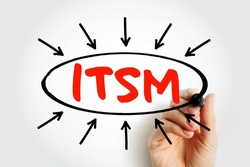 ITSM Information Technology Service Management - strategic approach to design, deliver, manage and improve the way businesses use information technology, acronym text with arrows