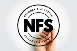 NFS Network File System - mechanism for storing files on a network, acronym text stamp concept background